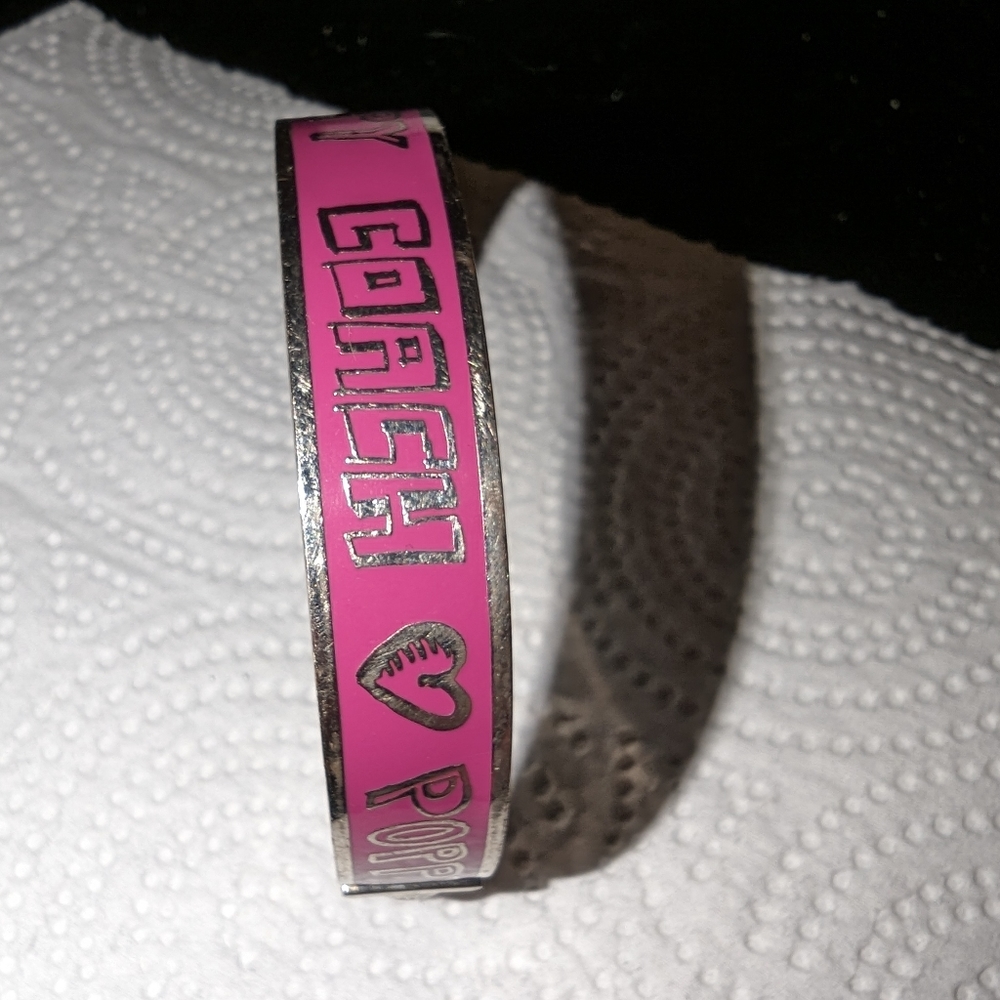 Coach Logo Pink Enamel Poppy Bangle Silver Tone Bracelet